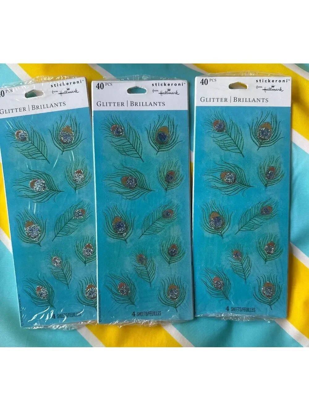 Hallmark Stickeroni Glitter Peacock Feather Stickers Lot of 3 Packs Sealed